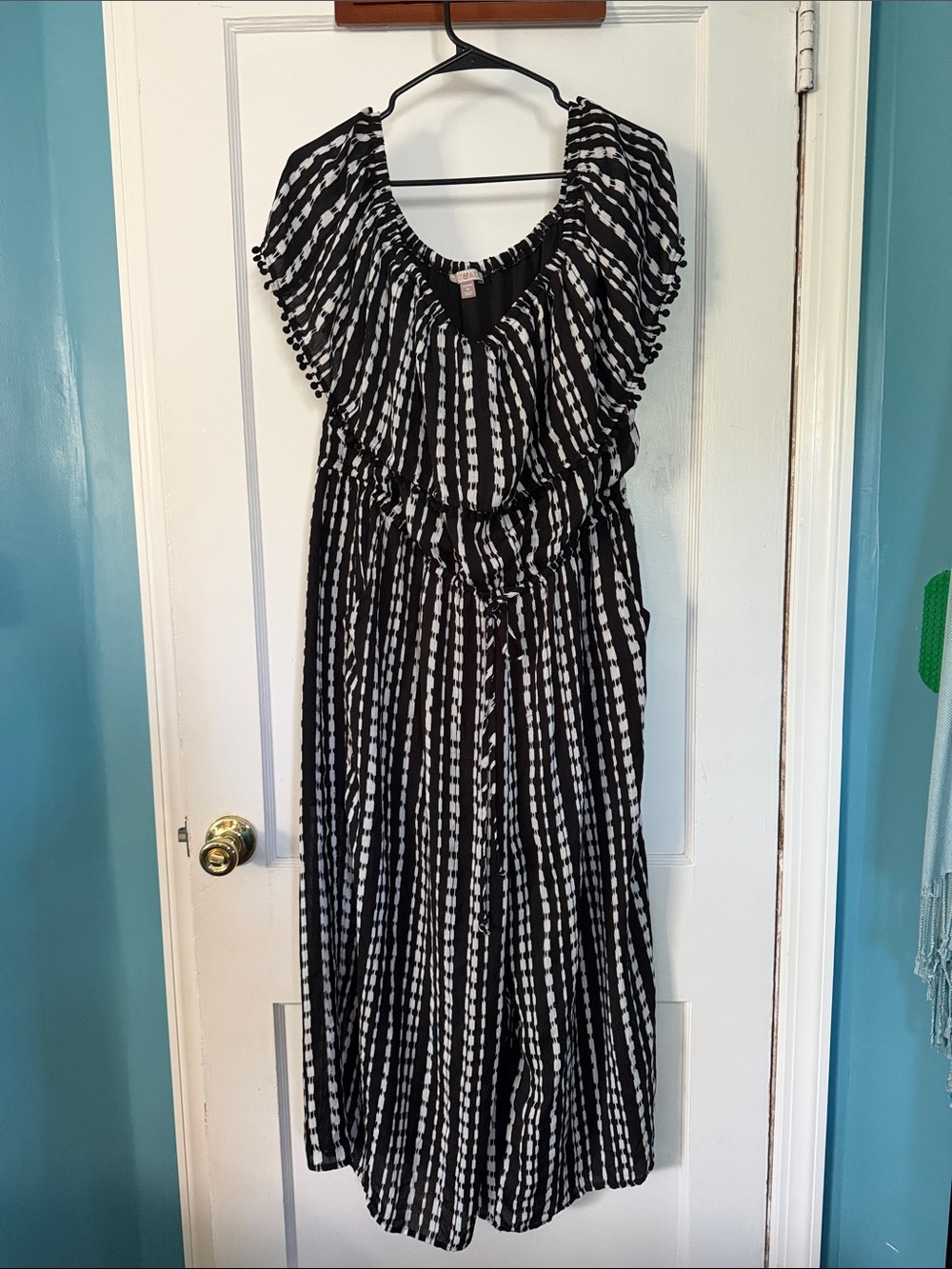 Roz & Ali Black and White Striped Maxi Jumpsuit